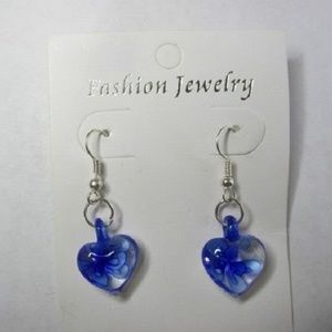 HAND MADE BLUE GLASS HEART EARRINGS #36